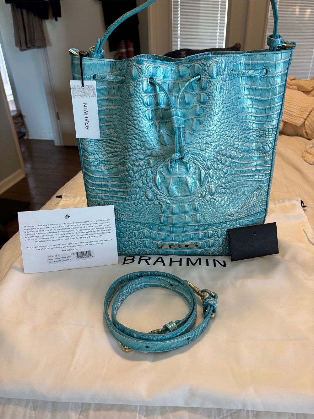 Brahmin Turquoise Croc-Embossed Shoulder Bag with Detachable Strap